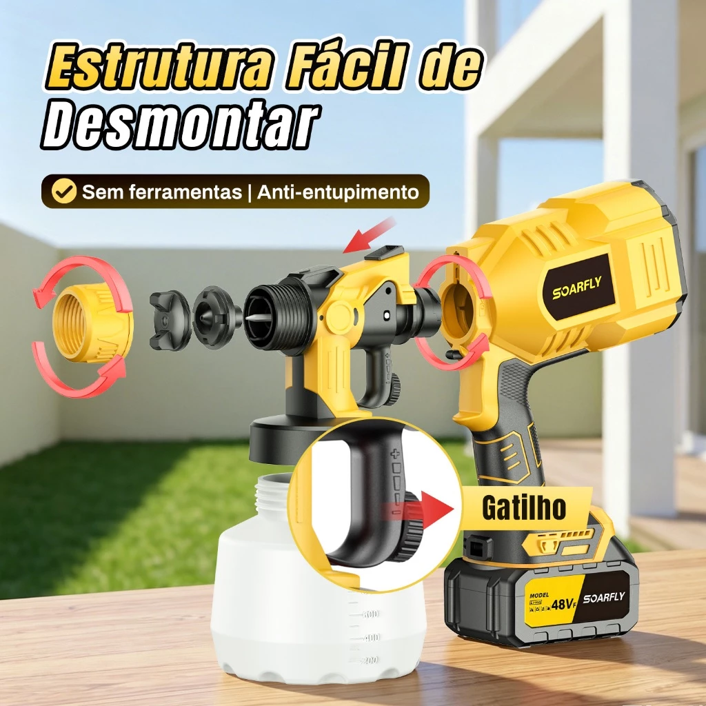 Pistola Pulverizador de Tinta Portátil 850W + 2 Baterias 48V