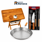 Kit Churrasco Completo 3 em 1 – Mesa Dobrável + Frigideira Inox + Kit Tramontina