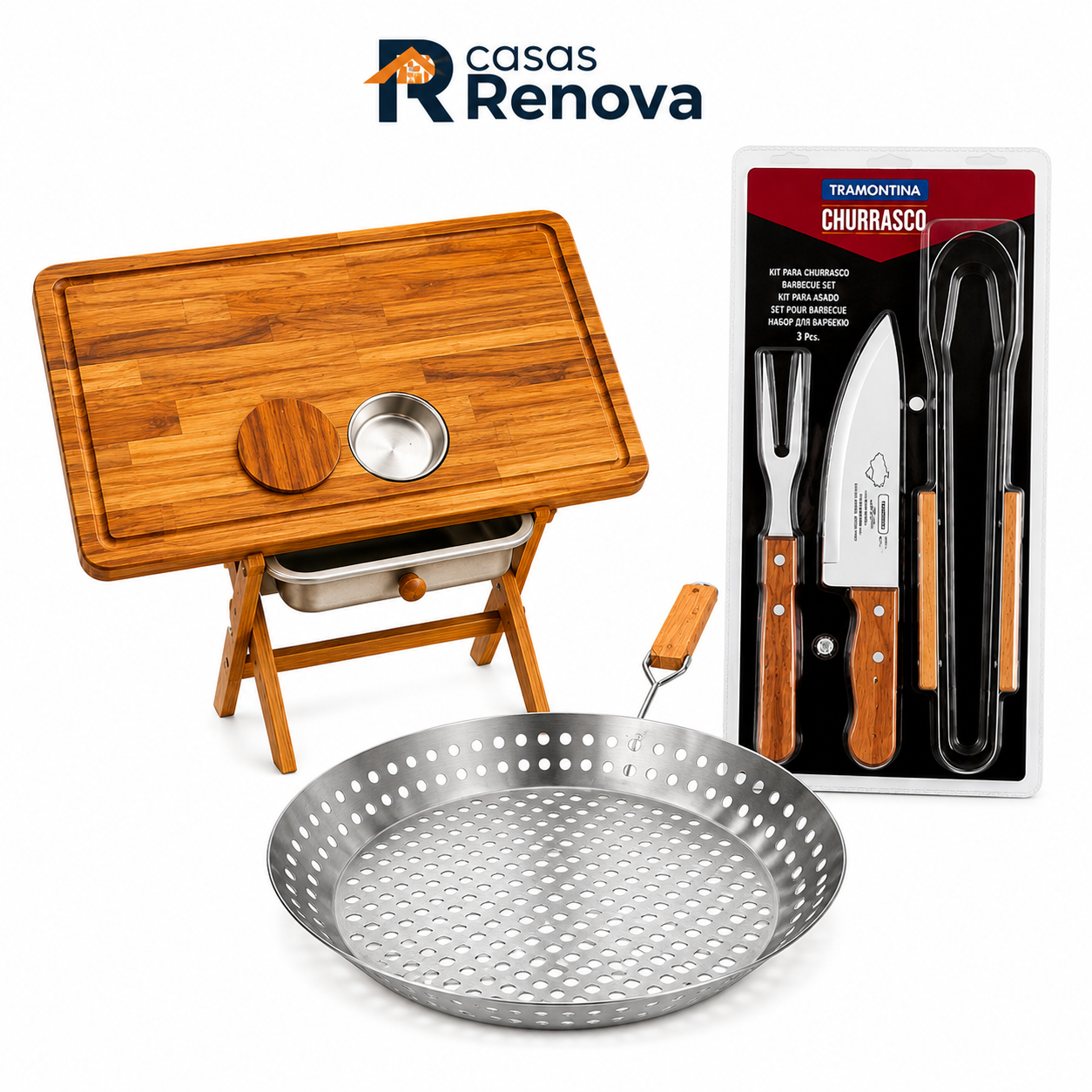 Kit Churrasco Completo 3 em 1 – Mesa Dobrável + Frigideira Inox + Kit Tramontina