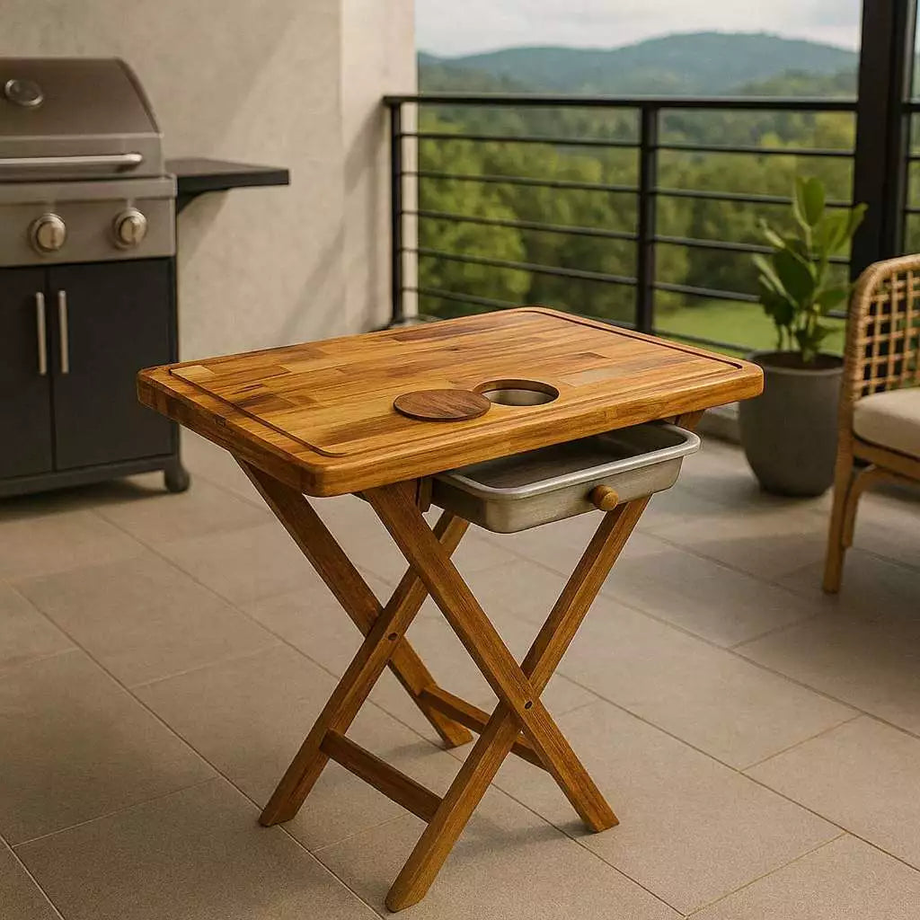 Kit Churrasco Completo 3 em 1 – Mesa Dobrável + Frigideira Inox + Kit Tramontina