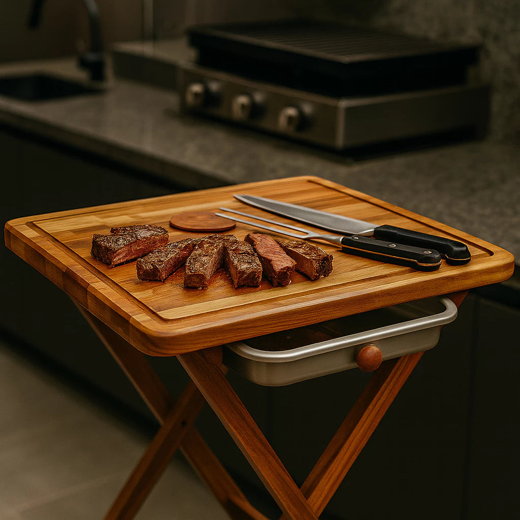 Kit Churrasco Completo 3 em 1 – Mesa Dobrável + Frigideira Inox + Kit Tramontina